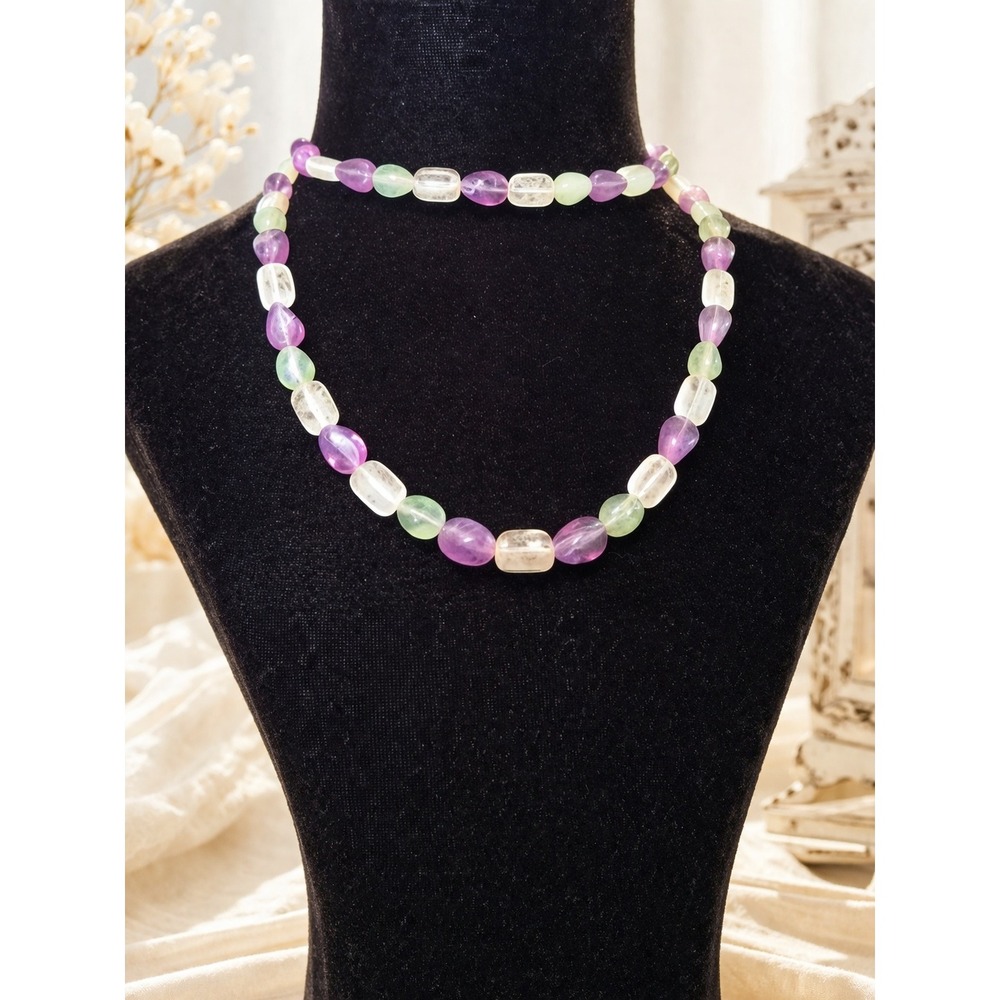 Fluorite Beaded Necklace Long Pastel‎ Purple Green Gemstone Boho Crystal Strand